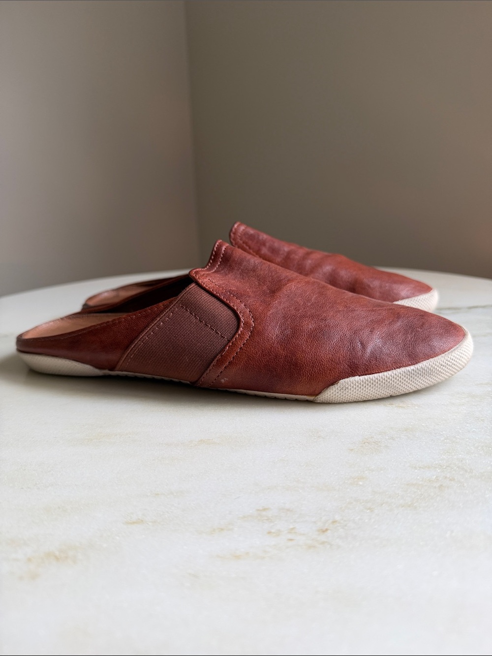 Frye Rustic Brown Leather Slip-On Mules